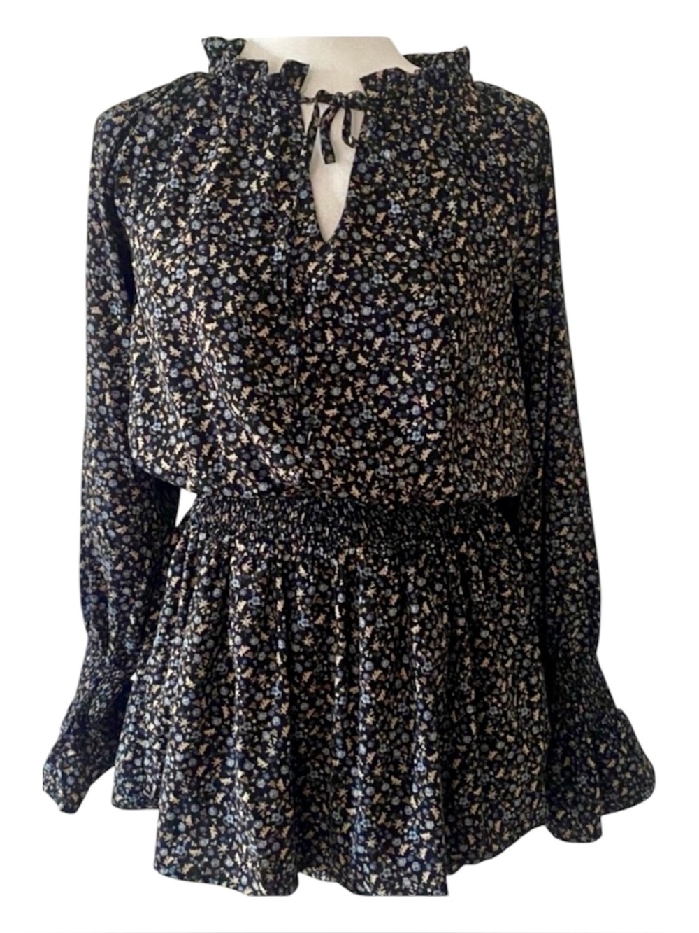 Lucca Couture Ditsy Floral Smocked Waist Ruffle Mini Dress S NWOT
